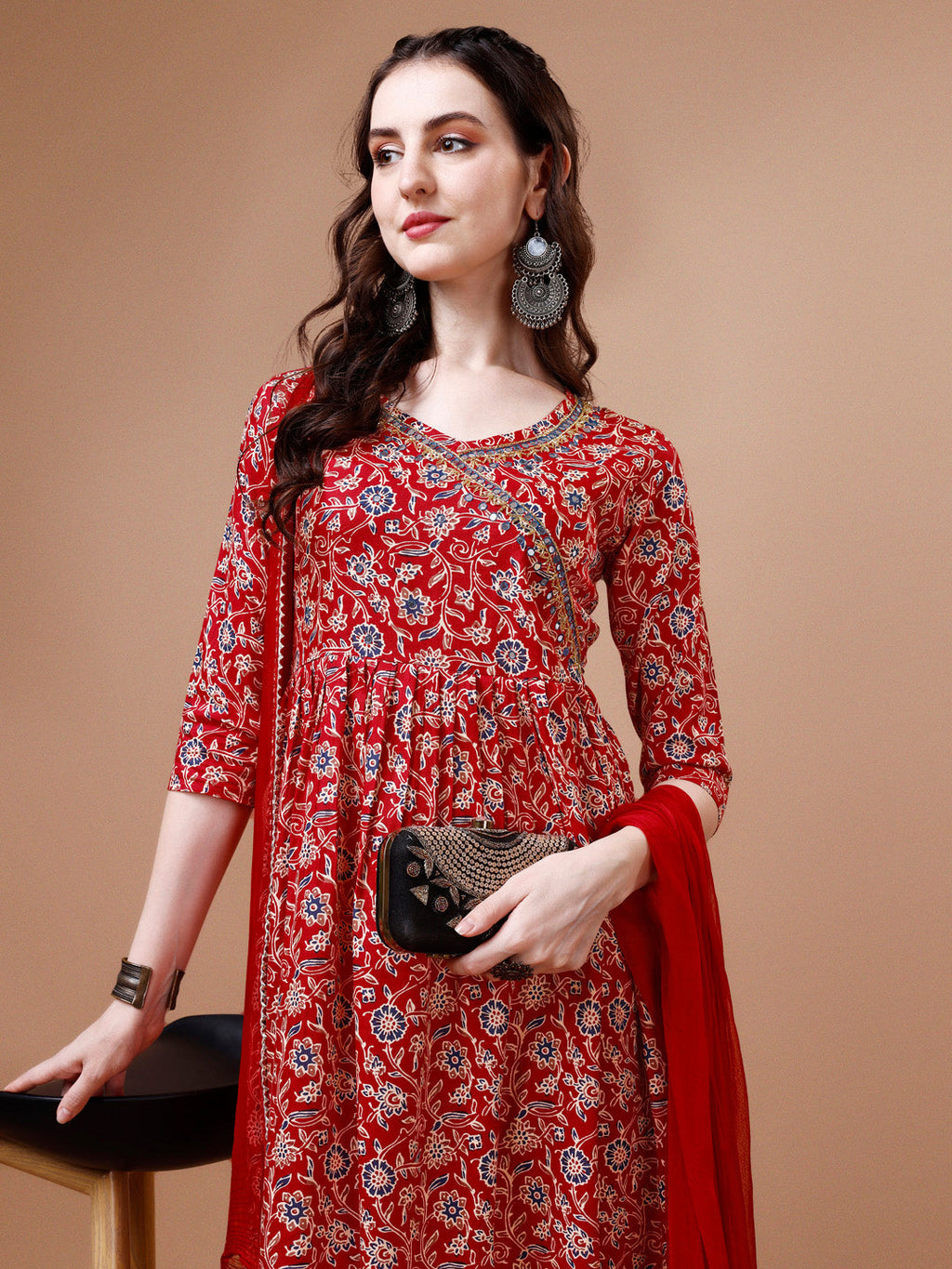 Mirror Embroidered Angrakha Style Printed & Flared Anarkali Kurta With Pant & Dupatta Set, Multicolor - Hiral Fashion | Grocsy