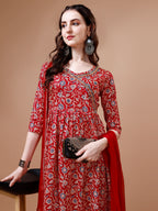 Mirror Embroidered Angrakha Style Printed & Flared Anarkali Kurta With Pant & Dupatta Set, Multicolor - Hiral Fashion | Grocsy