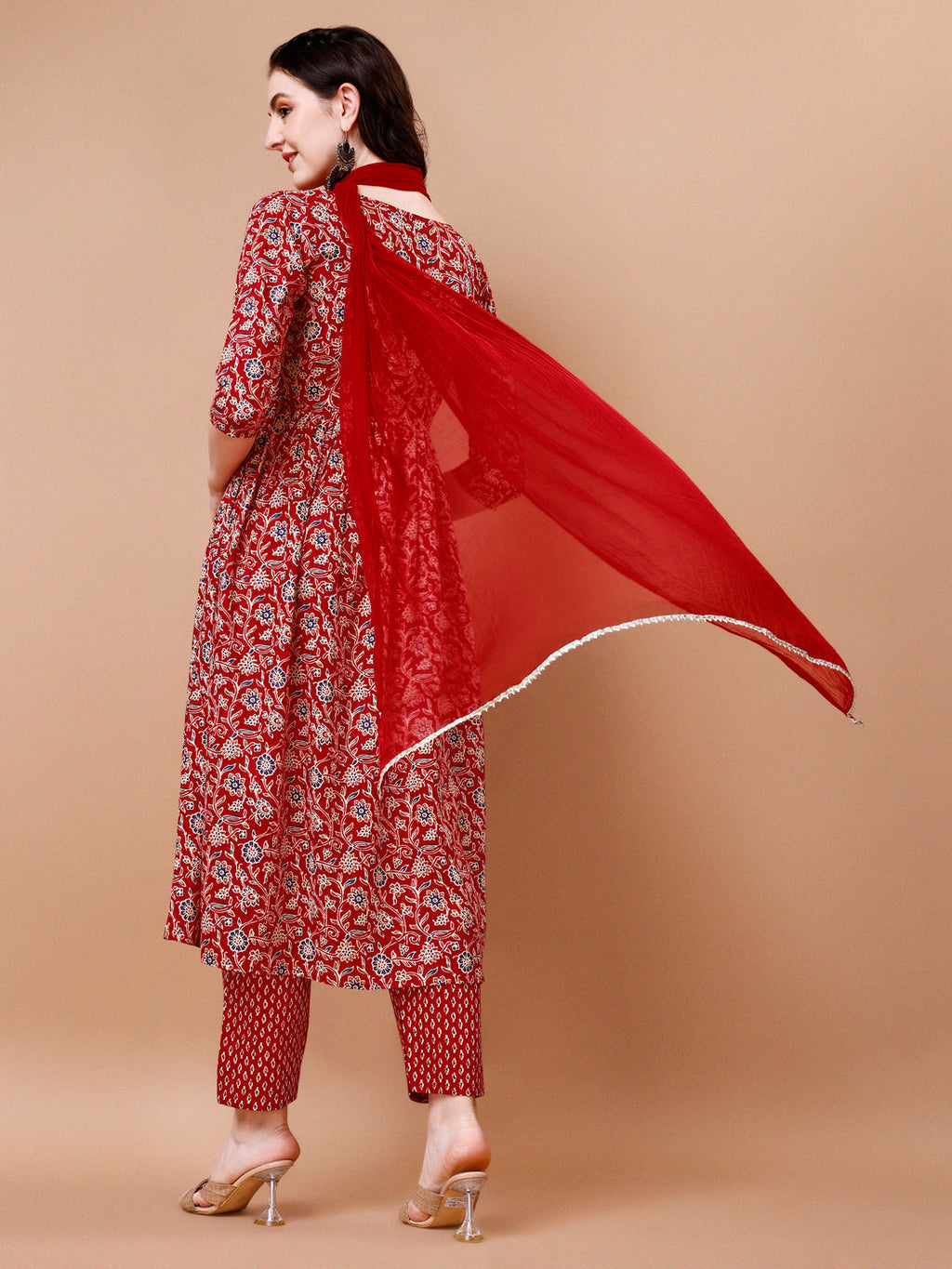 Mirror Embroidered Angrakha Style Printed & Flared Anarkali Kurta With Pant & Dupatta Set, Multicolor - Hiral Fashion | Grocsy