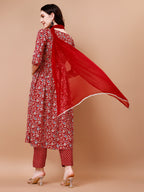 Mirror Embroidered Angrakha Style Printed & Flared Anarkali Kurta With Pant & Dupatta Set, Multicolor - Hiral Fashion | Grocsy