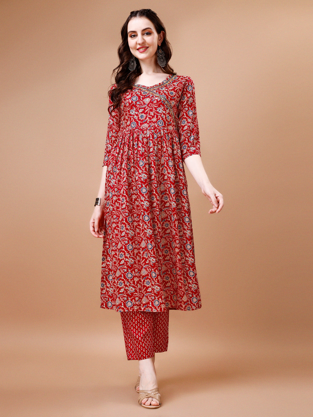 Mirror Embroidered Angrakha Style Printed & Flared Anarkali Kurta With Pant & Dupatta Set, Multicolor - Hiral Fashion | Grocsy