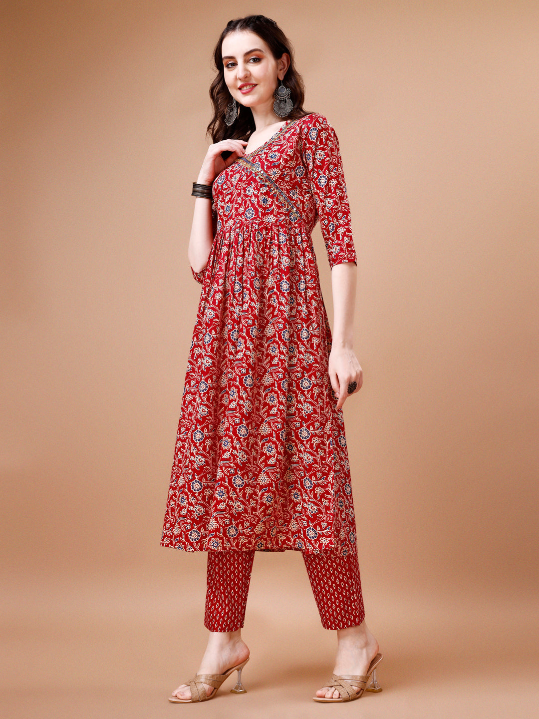 Mirror Embroidered Angrakha Style Printed & Flared Anarkali Kurta With Pant & Dupatta Set, Multicolor - Hiral Fashion | Grocsy