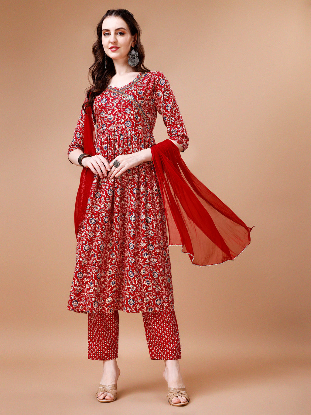 Mirror Embroidered Angrakha Style Printed & Flared Anarkali Kurta With Pant & Dupatta Set, Multicolor - Hiral Fashion | Grocsy