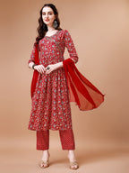 Mirror Embroidered Angrakha Style Printed & Flared Anarkali Kurta With Pant & Dupatta Set, Multicolor - Hiral Fashion | Grocsy