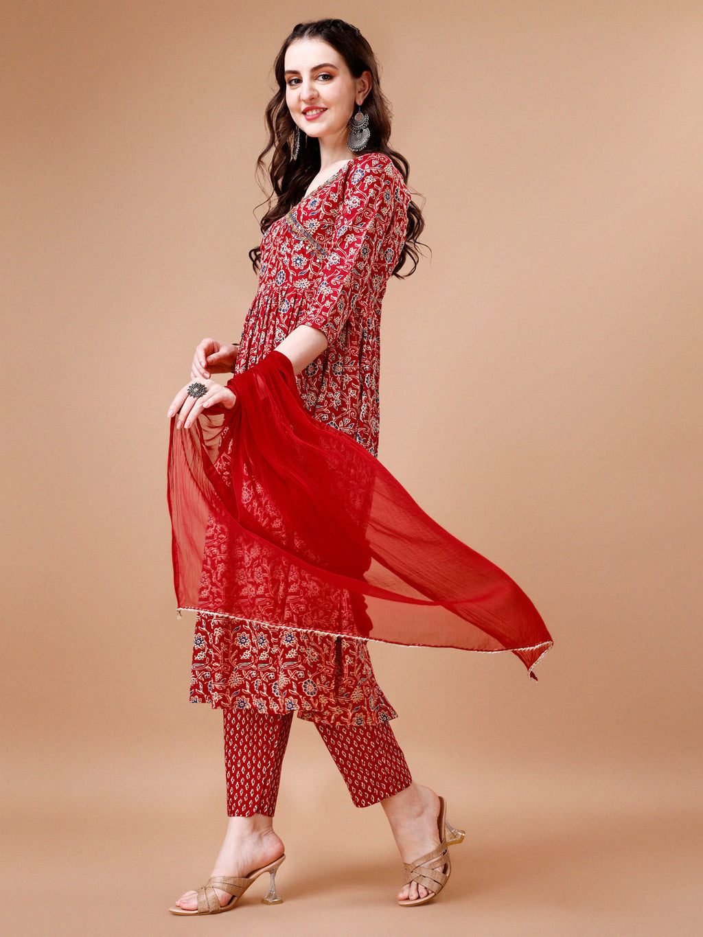 Mirror Embroidered Angrakha Style Printed & Flared Anarkali Kurta With Pant & Dupatta Set, Multicolor - Hiral Fashion | Grocsy