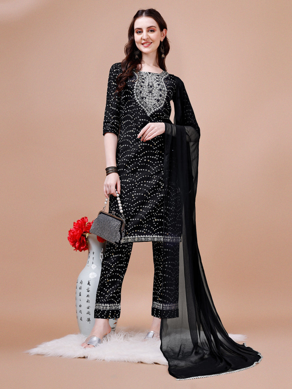 Embroidered & Bandhani Printed Kurta With Pant & Dupatta, Multicolor - Hiral Fashion | Grocsy