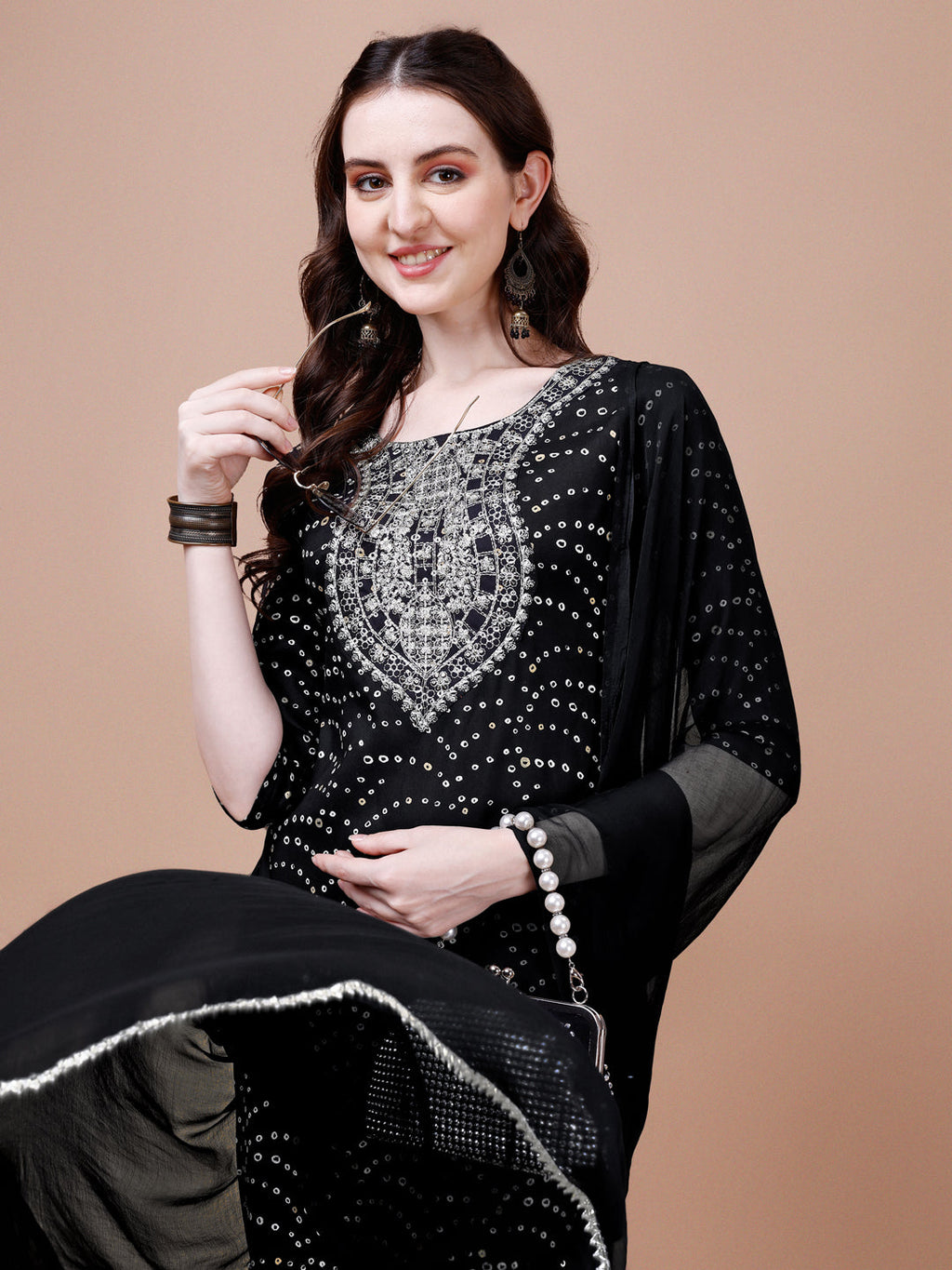 Embroidered & Bandhani Printed Kurta With Pant & Dupatta, Multicolor - Hiral Fashion | Grocsy
