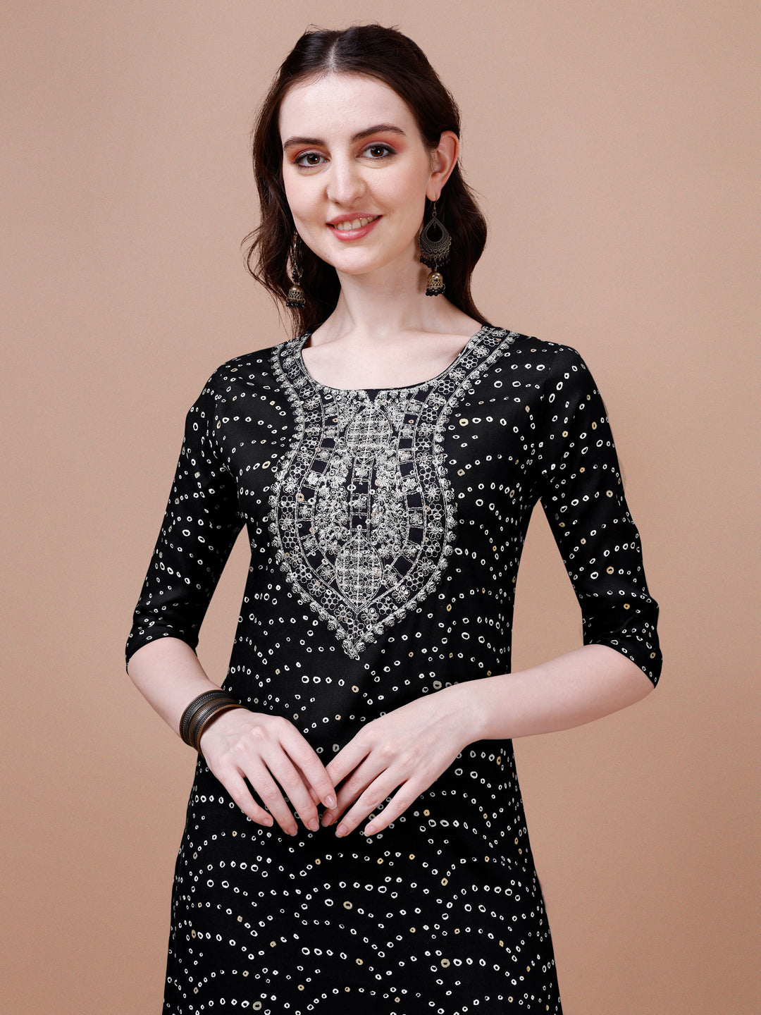 Embroidered & Bandhani Printed Kurta With Pant & Dupatta, Multicolor - Hiral Fashion | Grocsy
