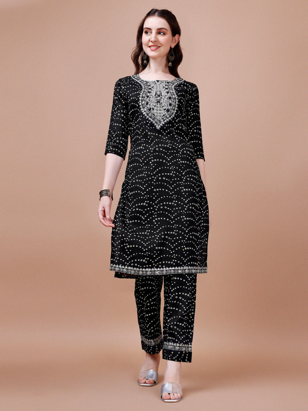 Embroidered & Bandhani Printed Kurta With Pant & Dupatta, Multicolor - Hiral Fashion | Grocsy
