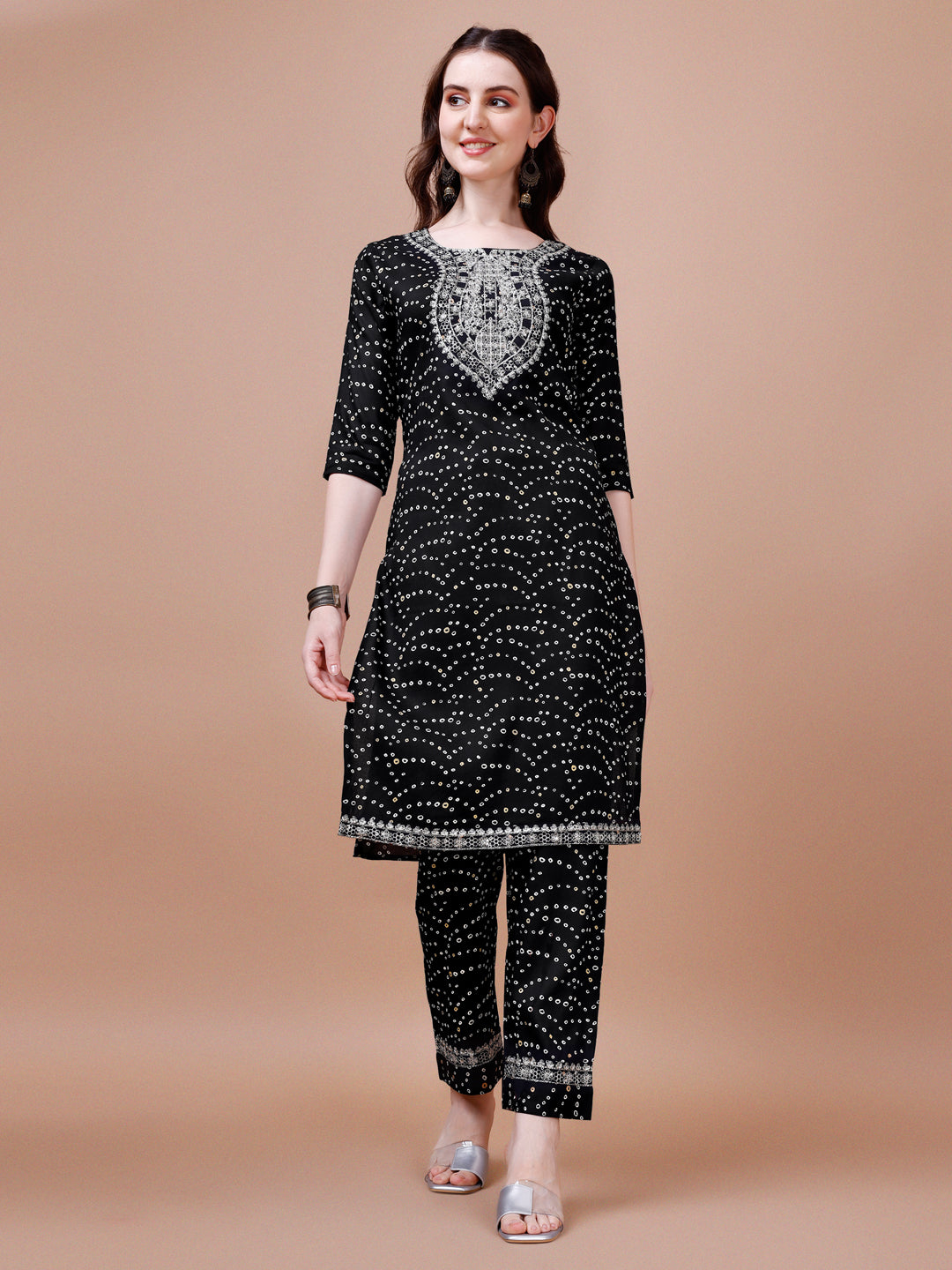 Embroidered & Bandhani Printed Kurta With Pant & Dupatta, Multicolor - Hiral Fashion | Grocsy