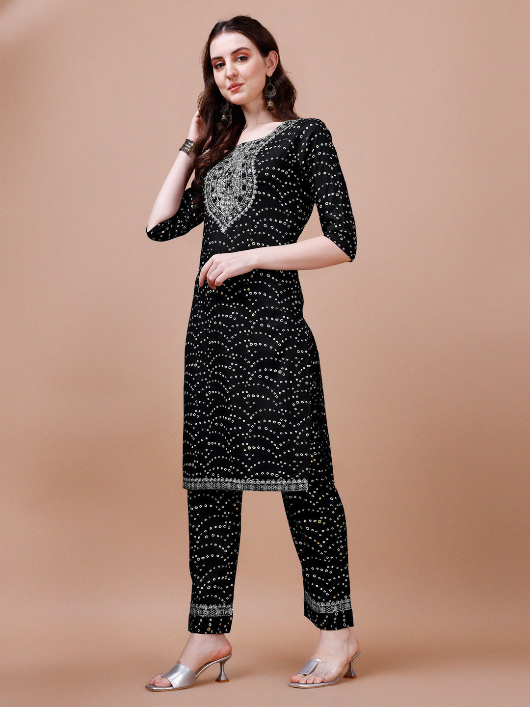 Embroidered & Bandhani Printed Kurta With Pant & Dupatta, Multicolor - Hiral Fashion | Grocsy