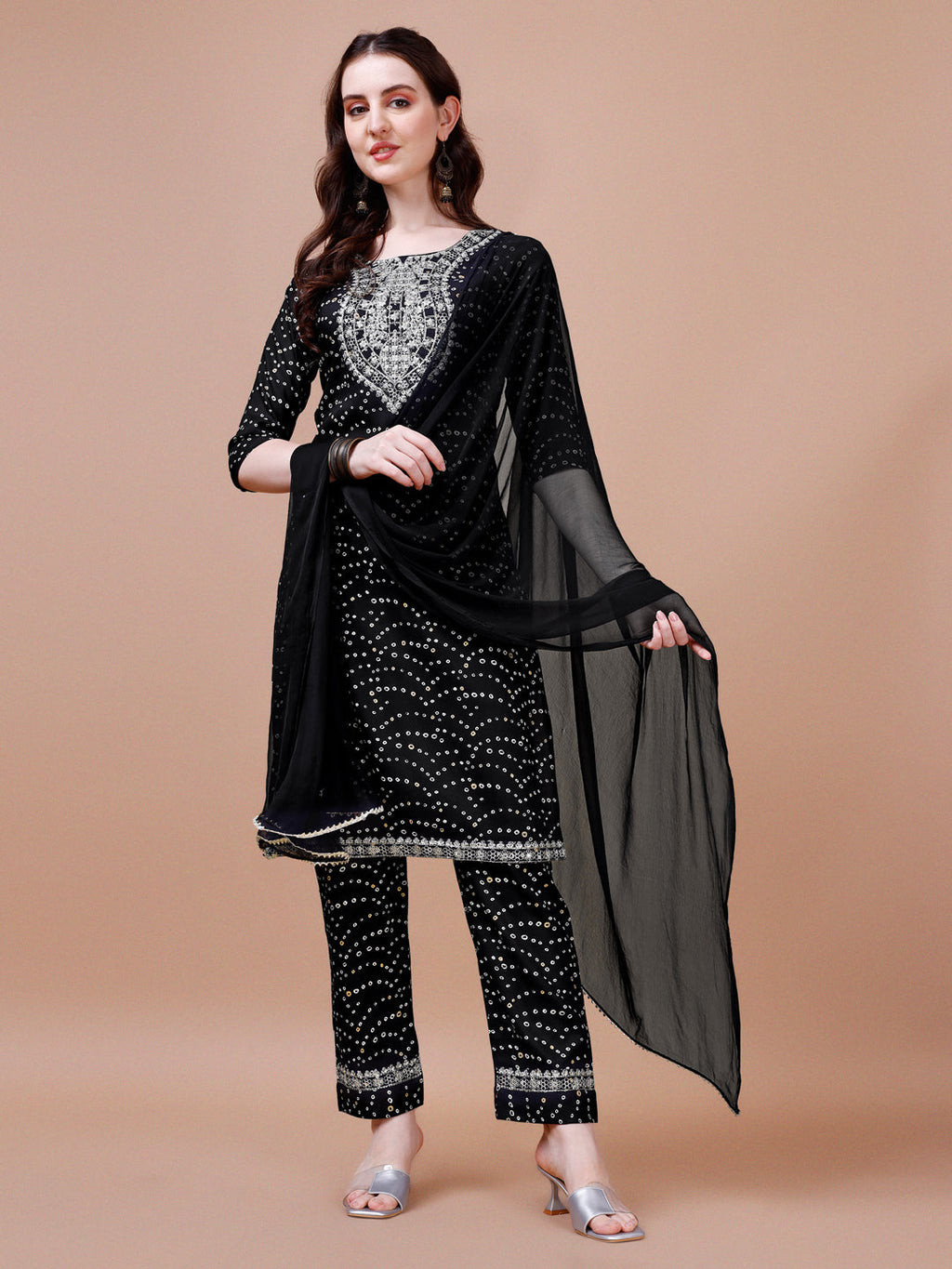 Embroidered & Bandhani Printed Kurta With Pant & Dupatta, Multicolor - Hiral Fashion | Grocsy