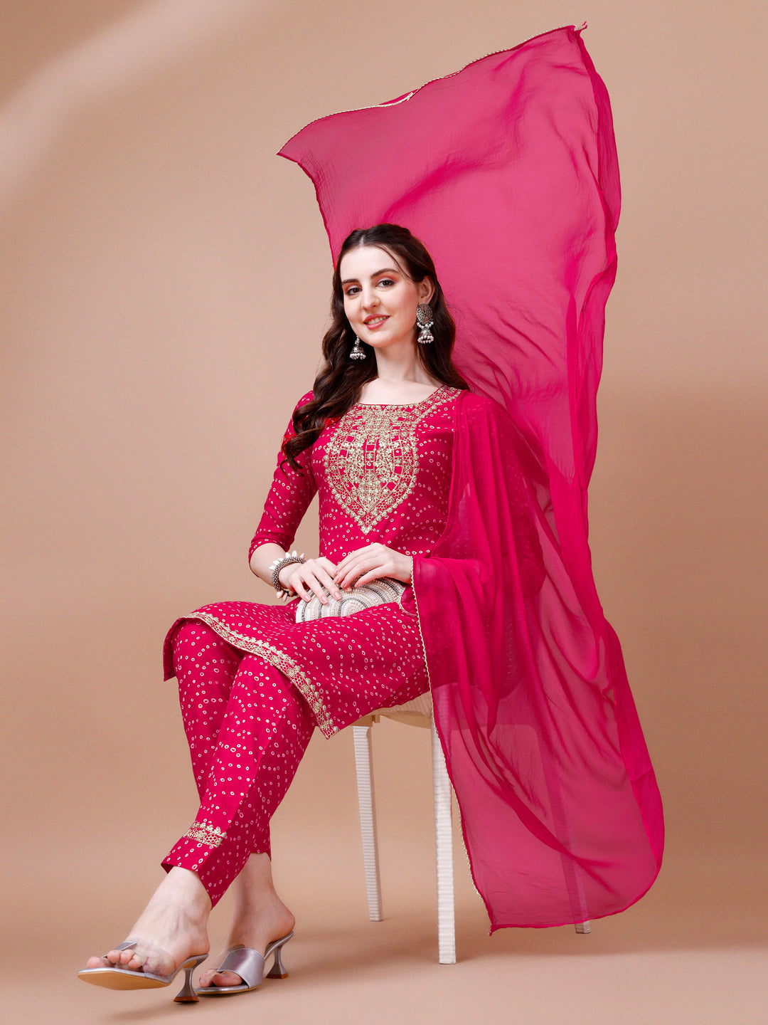 Embroidered & Bandhani Printed Kurta With Pant & Dupatta, Multicolor - Hiral Fashion | Grocsy