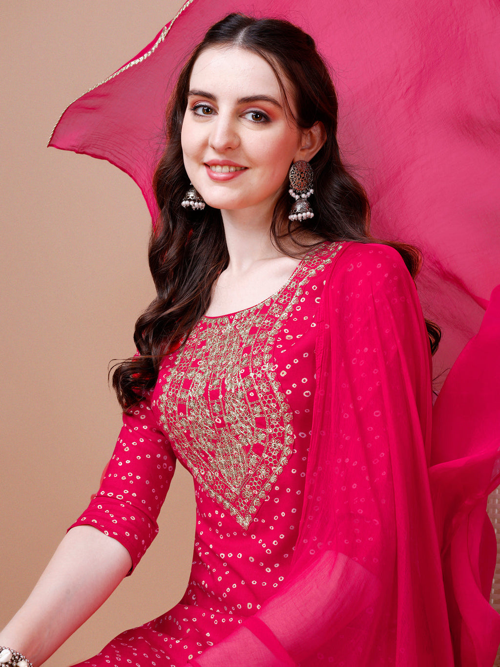 Embroidered & Bandhani Printed Kurta With Pant & Dupatta, Multicolor - Hiral Fashion | Grocsy