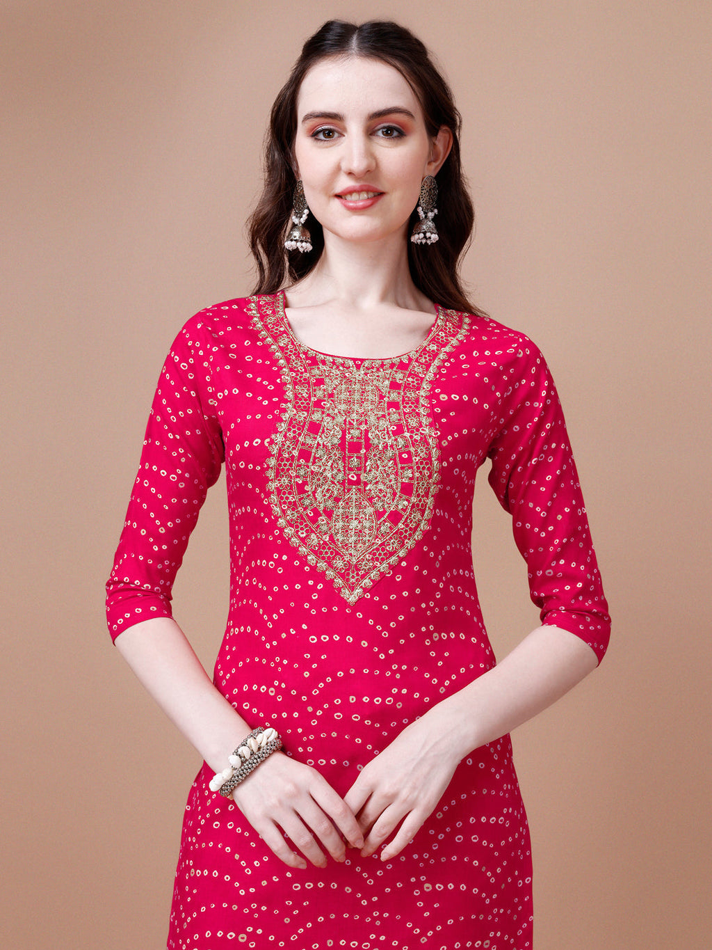 Embroidered & Bandhani Printed Kurta With Pant & Dupatta, Multicolor - Hiral Fashion | Grocsy
