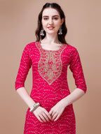 Embroidered & Bandhani Printed Kurta With Pant & Dupatta, Multicolor - Hiral Fashion | Grocsy