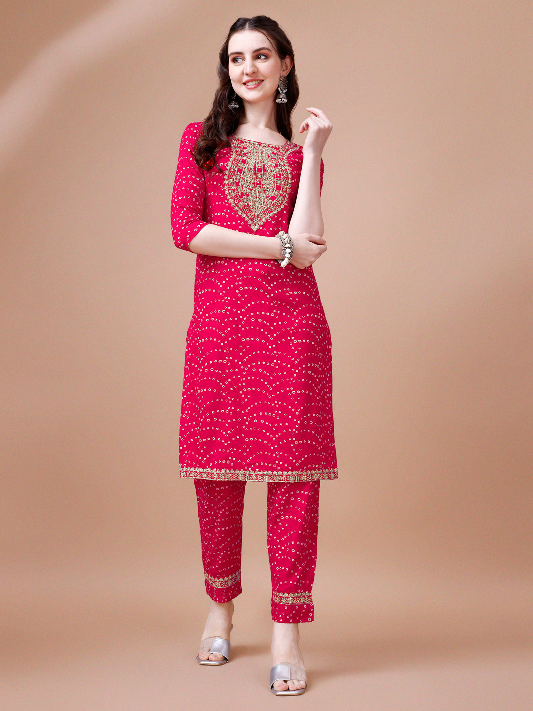 Embroidered & Bandhani Printed Kurta With Pant & Dupatta, Multicolor - Hiral Fashion | Grocsy