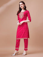 Embroidered & Bandhani Printed Kurta With Pant & Dupatta, Multicolor - Hiral Fashion | Grocsy