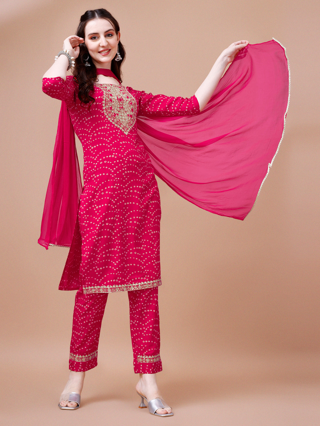 Embroidered & Bandhani Printed Kurta With Pant & Dupatta, Multicolor - Hiral Fashion | Grocsy