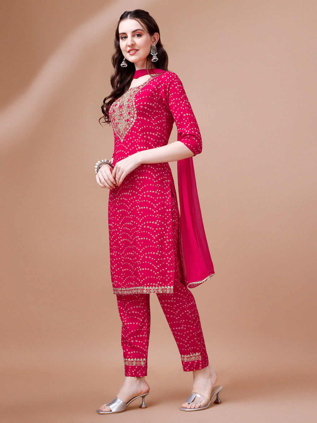 Embroidered & Bandhani Printed Kurta With Pant & Dupatta, Multicolor - Hiral Fashion | Grocsy
