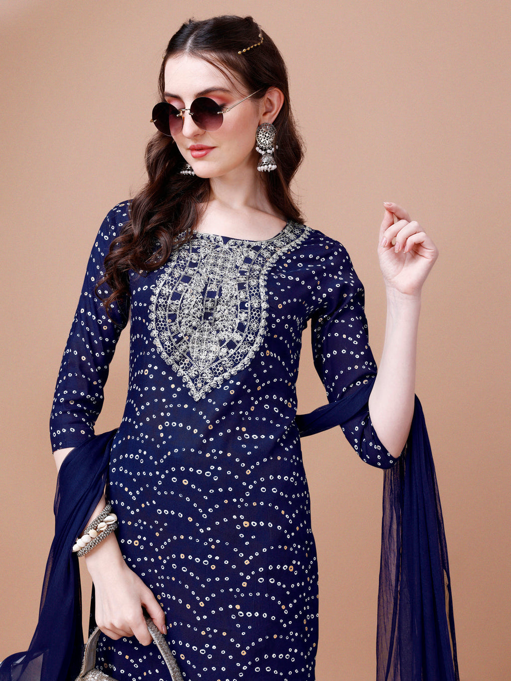 Embroidered & Bandhani Printed Kurta With Pant & Dupatta, Multicolor - Hiral Fashion | Grocsy