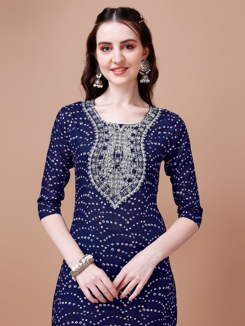 Embroidered & Bandhani Printed Kurta With Pant & Dupatta, Multicolor - Hiral Fashion | Grocsy