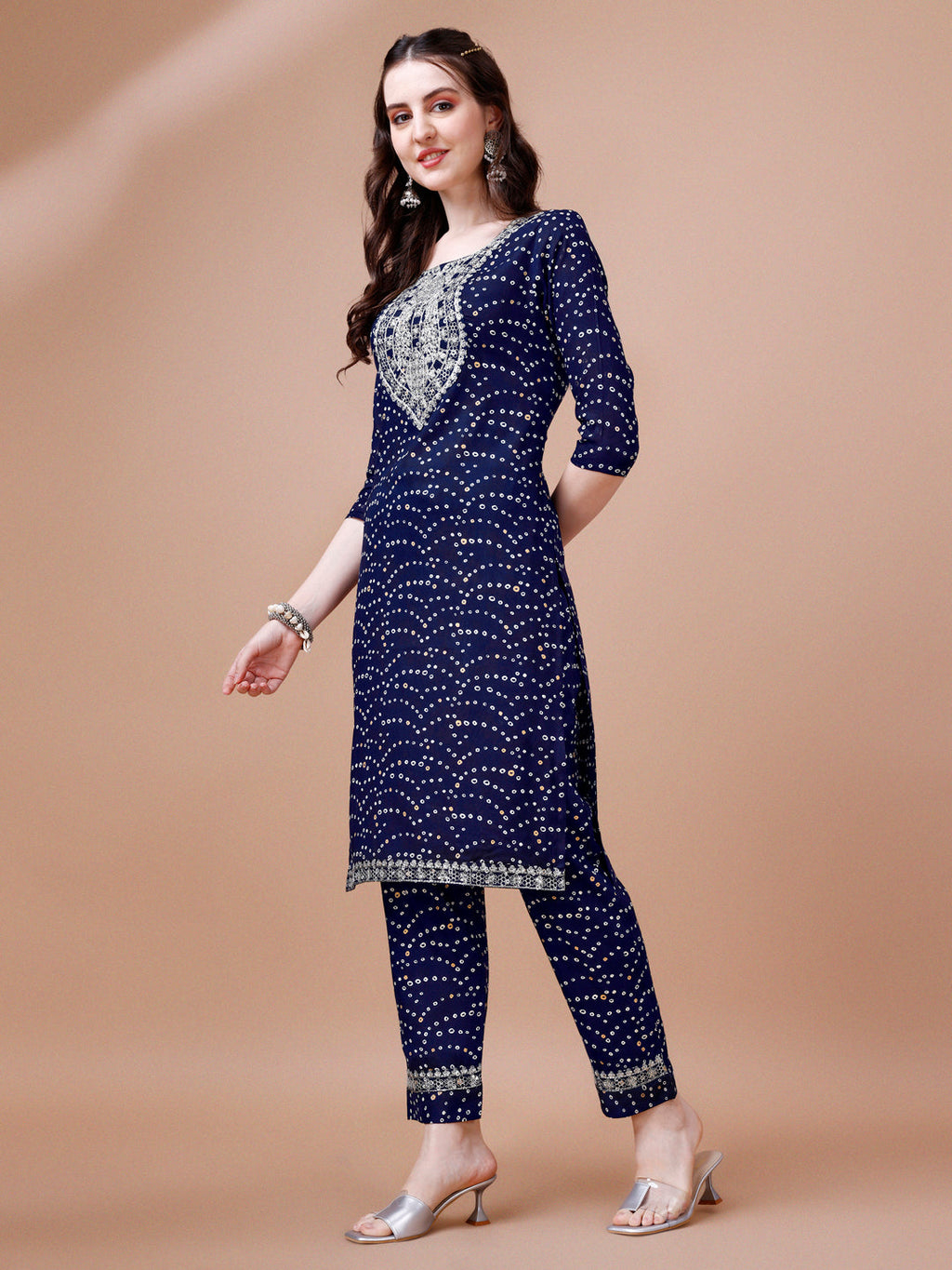 Embroidered & Bandhani Printed Kurta With Pant & Dupatta, Multicolor - Hiral Fashion | Grocsy