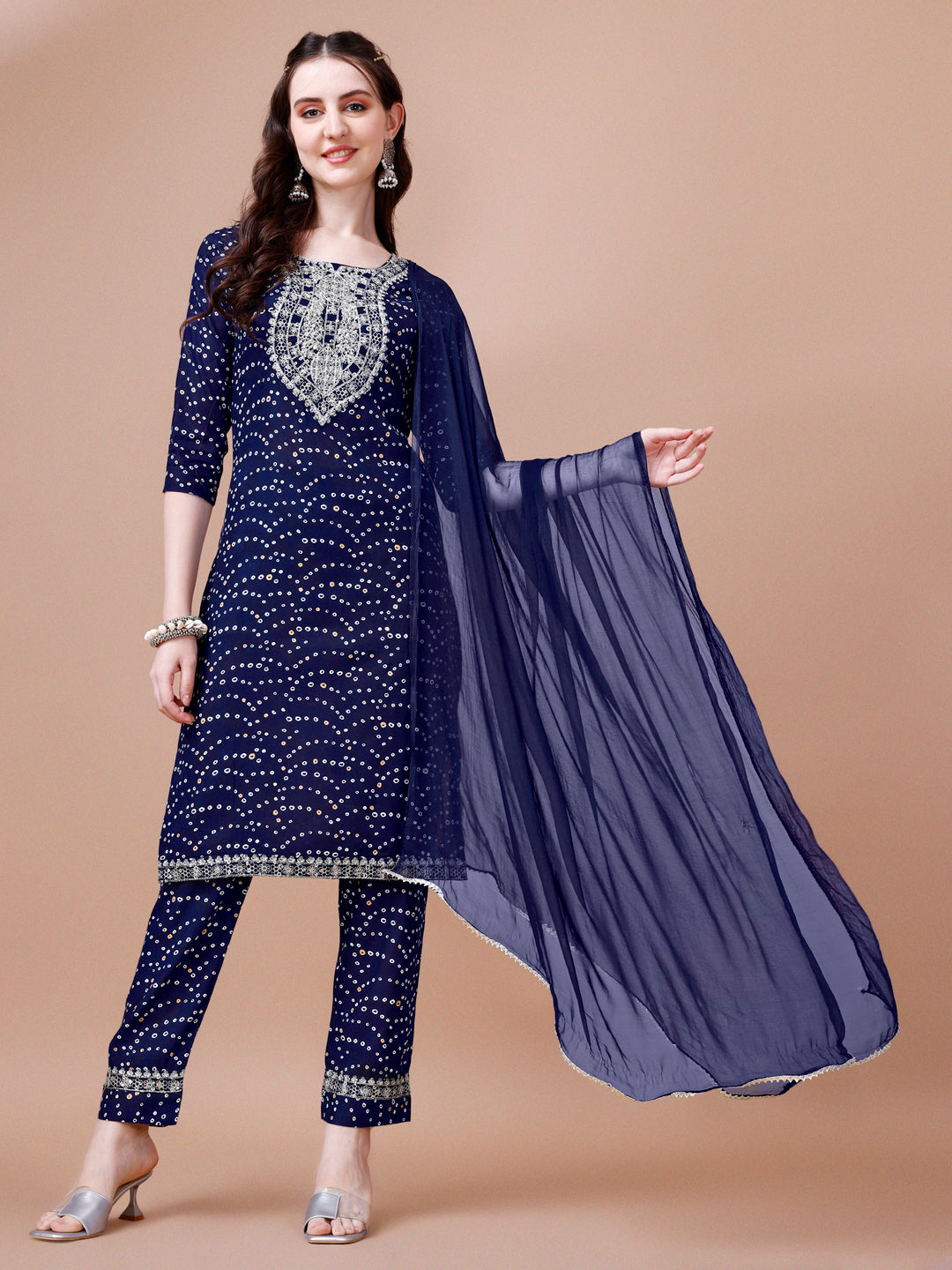 Embroidered & Bandhani Printed Kurta With Pant & Dupatta, Multicolor - Hiral Fashion | Grocsy