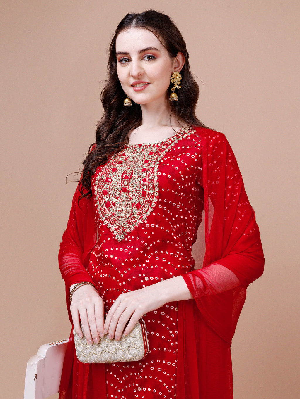 Embroidered & Bandhani Printed Kurta With Pant & Dupatta, Multicolor - Hiral Fashion | Grocsy