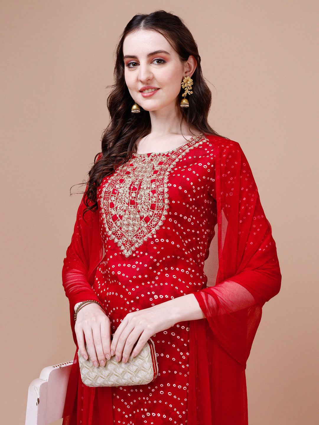 Embroidered & Bandhani Printed Kurta With Pant & Dupatta, Multicolor - Hiral Fashion | Grocsy