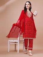 Embroidered & Bandhani Printed Kurta With Pant & Dupatta, Multicolor - Hiral Fashion | Grocsy
