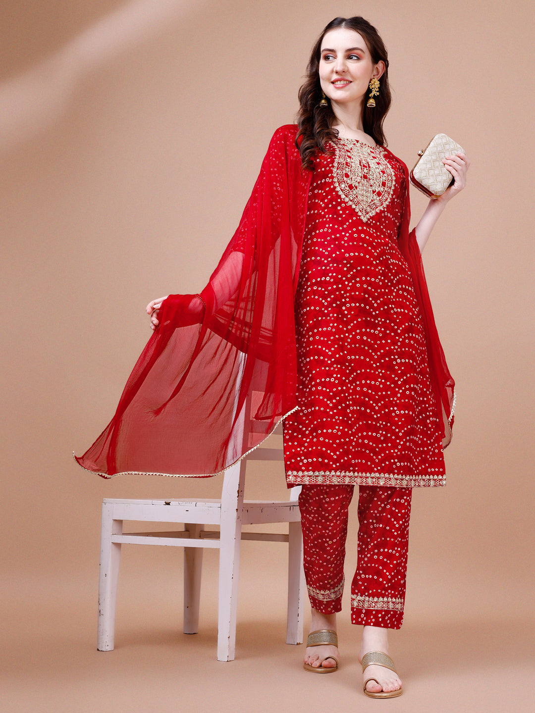 Embroidered & Bandhani Printed Kurta With Pant & Dupatta, Multicolor - Hiral Fashion | Grocsy