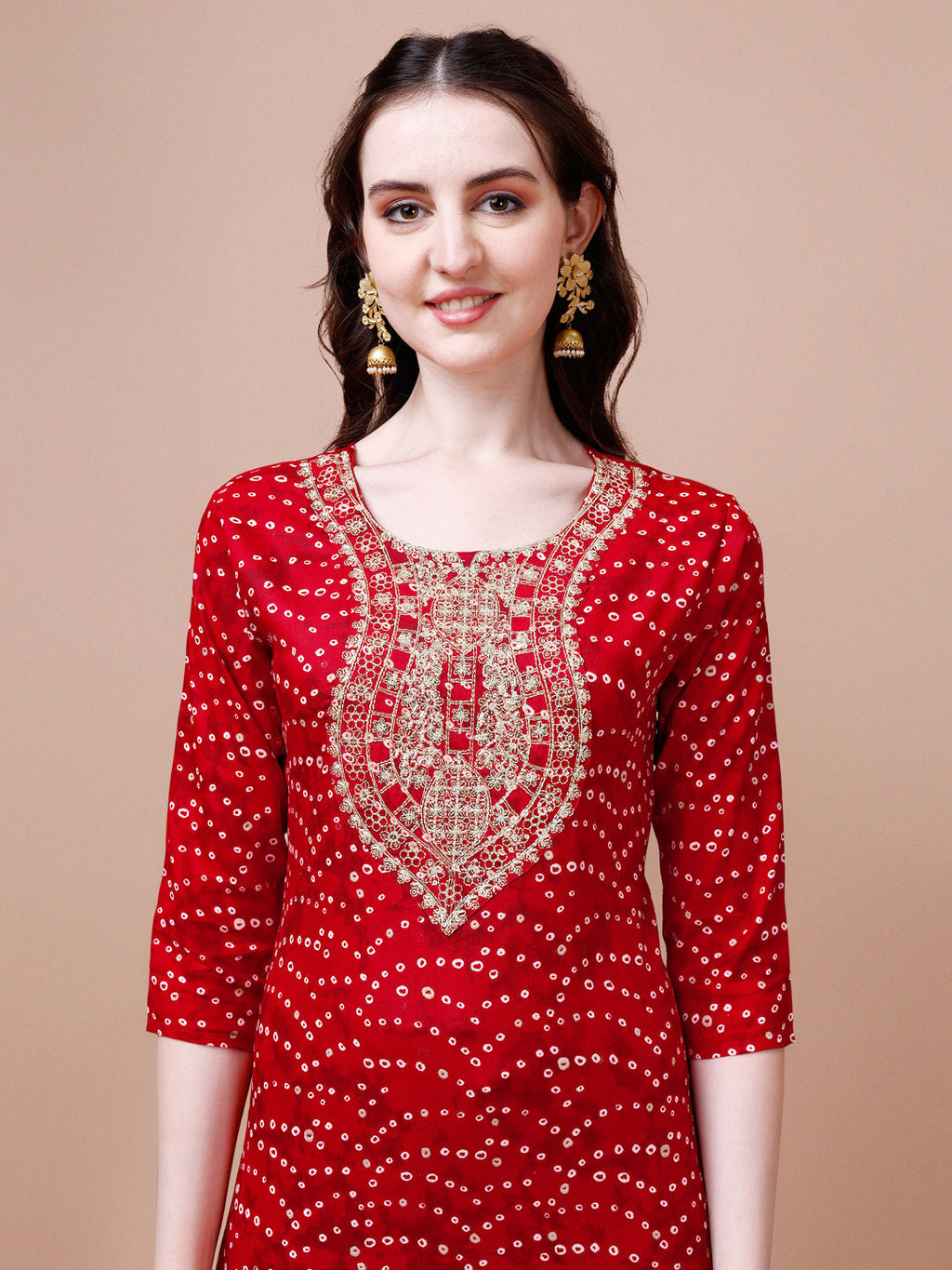 Embroidered & Bandhani Printed Kurta With Pant & Dupatta, Multicolor - Hiral Fashion | Grocsy