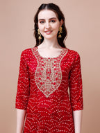 Embroidered & Bandhani Printed Kurta With Pant & Dupatta, Multicolor - Hiral Fashion | Grocsy