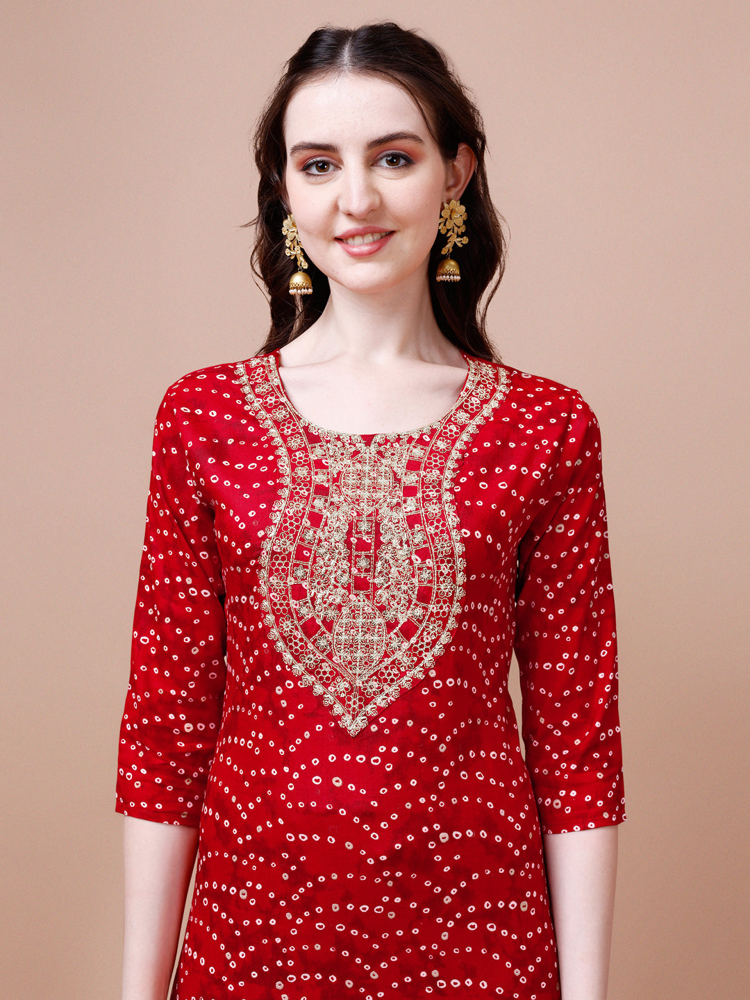 Embroidered & Bandhani Printed Kurta With Pant & Dupatta, Multicolor - Hiral Fashion | Grocsy