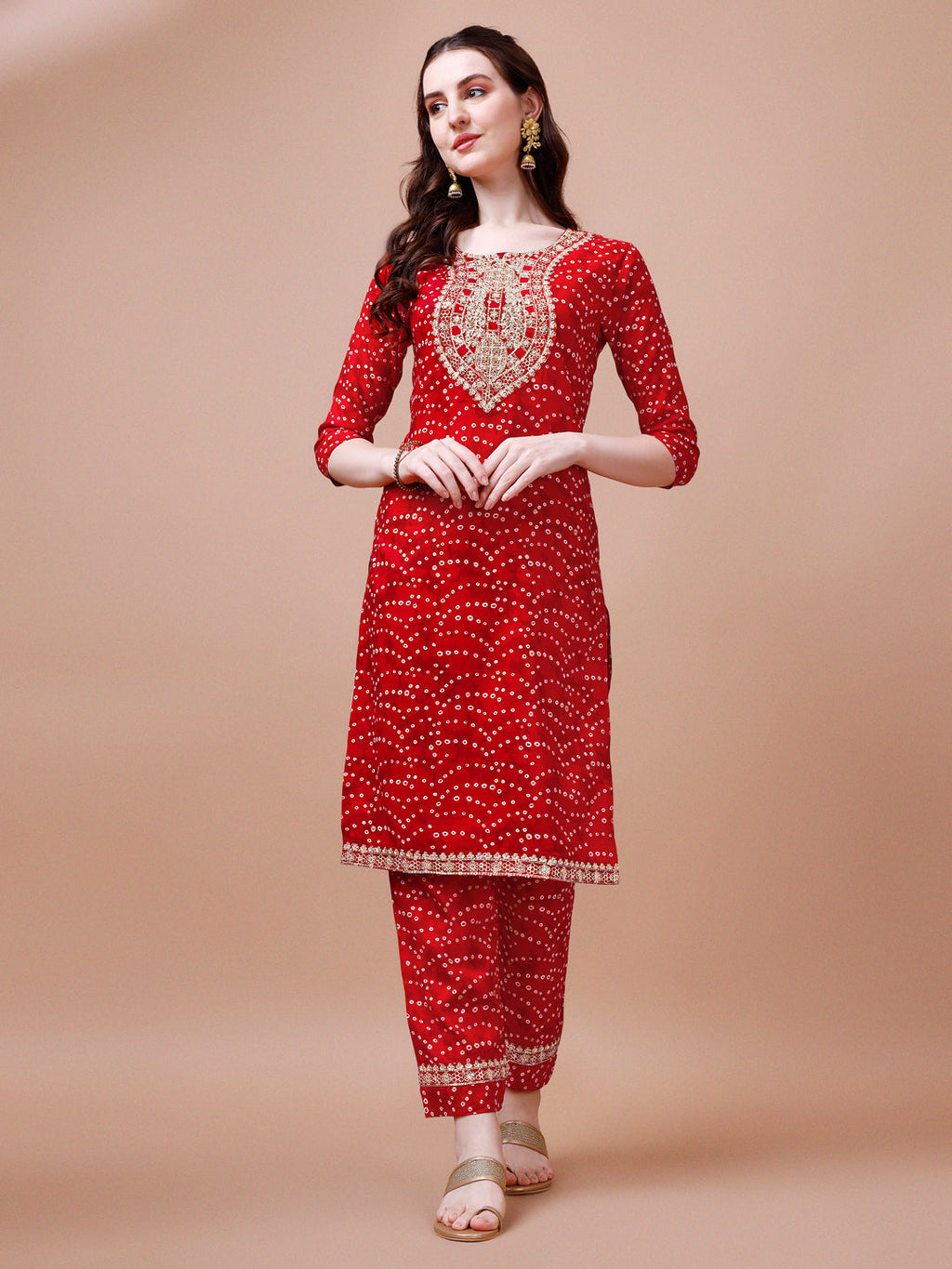 Embroidered & Bandhani Printed Kurta With Pant & Dupatta, Multicolor - Hiral Fashion | Grocsy