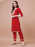 Embroidered & Bandhani Printed Kurta With Pant & Dupatta, Multicolor - Hiral Fashion | Grocsy