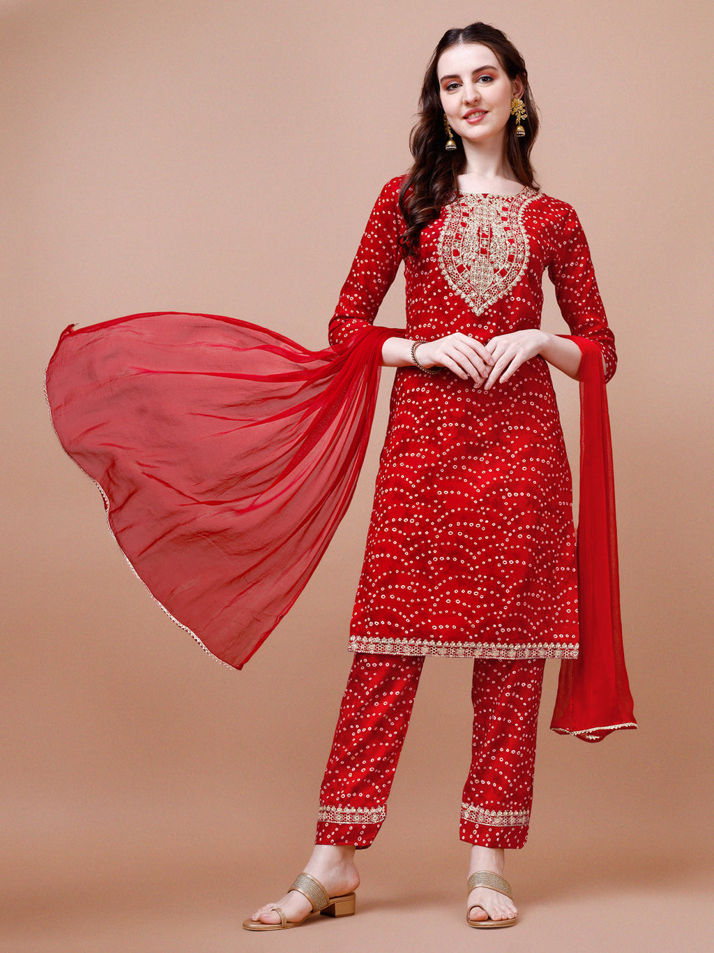 Embroidered & Bandhani Printed Kurta With Pant & Dupatta, Multicolor - Hiral Fashion | Grocsy