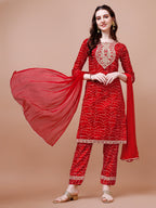 Embroidered & Bandhani Printed Kurta With Pant & Dupatta, Multicolor - Hiral Fashion | Grocsy