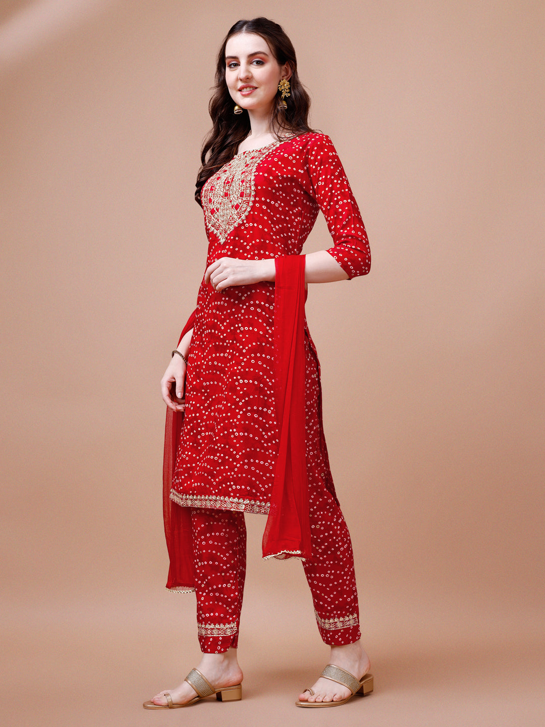 Embroidered & Bandhani Printed Kurta With Pant & Dupatta, Multicolor - Hiral Fashion | Grocsy