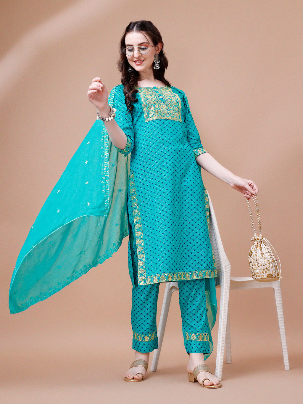 Embroidered & Quirky Printed Kurta With Pant & Dupatta, Multicolor - Hiral Fashion | Grocsy