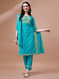 Embroidered & Quirky Printed Kurta With Pant & Dupatta, Multicolor - Hiral Fashion | Grocsy