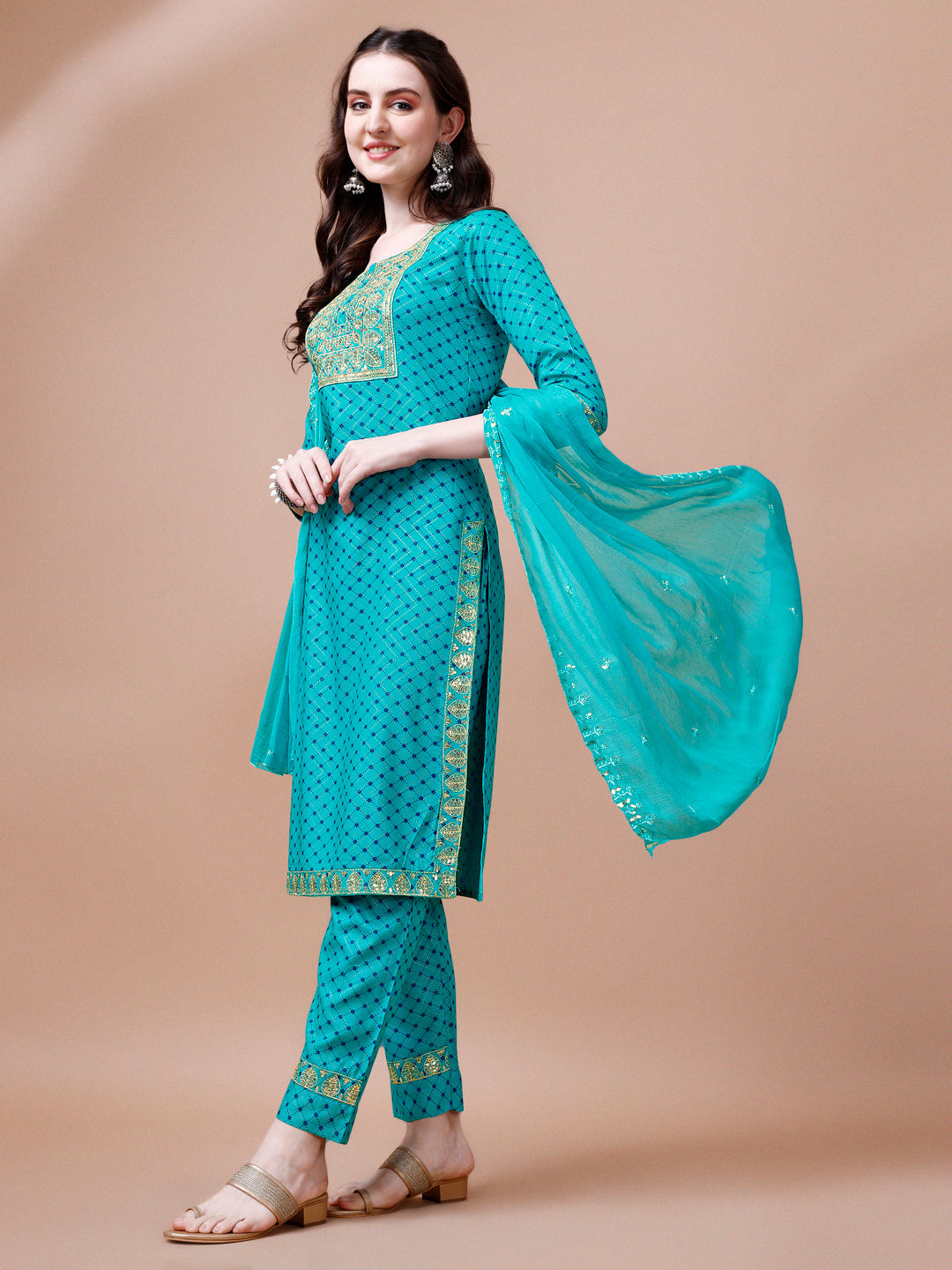 Embroidered & Quirky Printed Kurta With Pant & Dupatta, Multicolor - Hiral Fashion | Grocsy