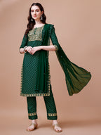 Embroidered & Quirky Printed Kurta With Pant & Dupatta, Multicolor - Hiral Fashion | Grocsy