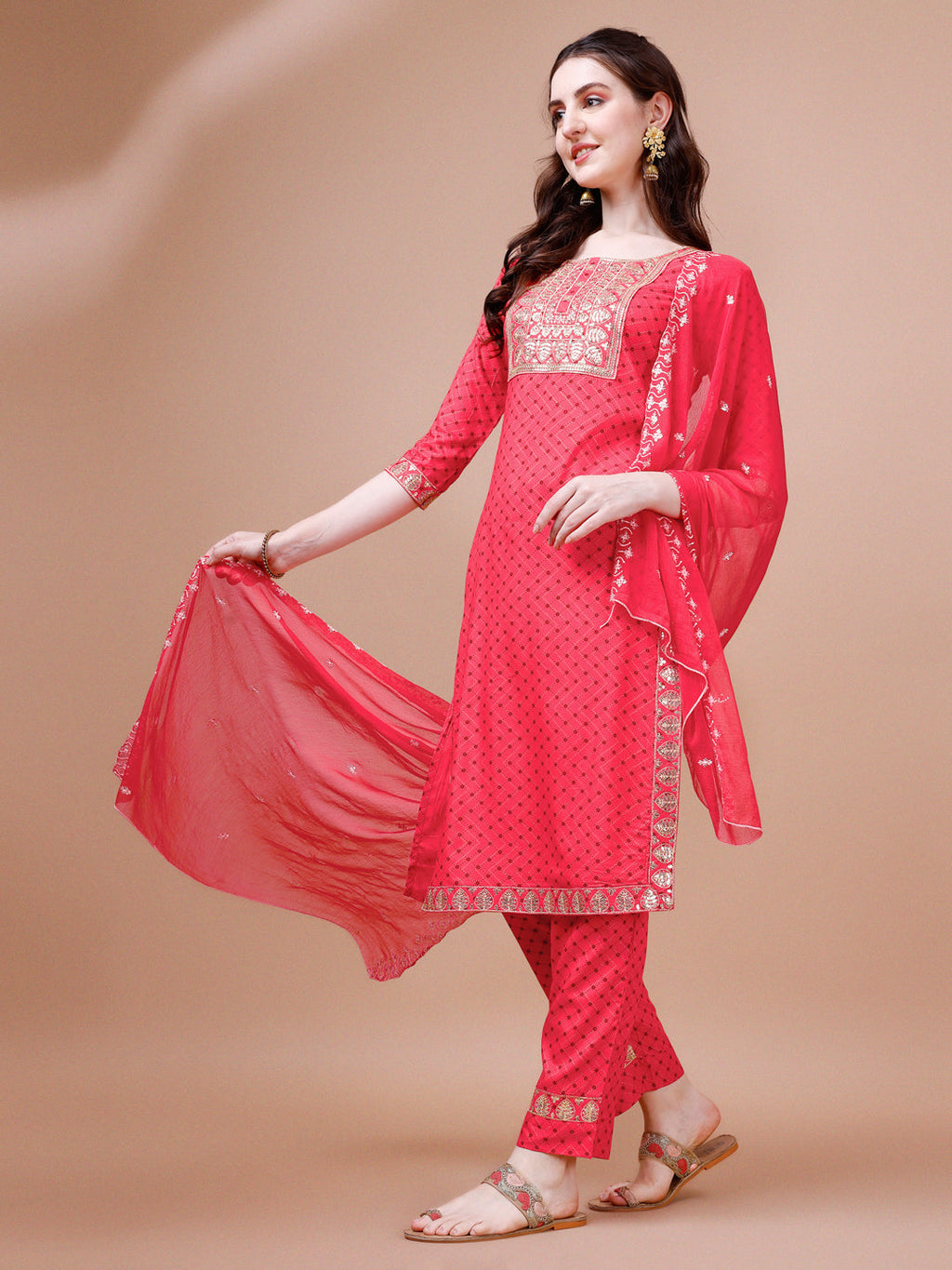 Embroidered & Quirky Printed Kurta With Pant & Dupatta, Multicolor - Hiral Fashion | Grocsy