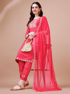 Embroidered & Quirky Printed Kurta With Pant & Dupatta, Multicolor - Hiral Fashion | Grocsy