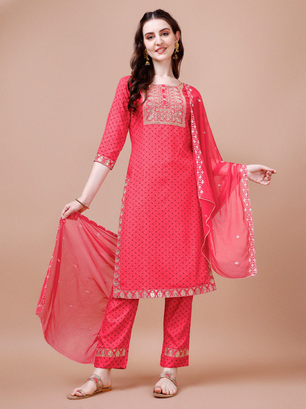 Embroidered & Quirky Printed Kurta With Pant & Dupatta, Multicolor - Hiral Fashion | Grocsy