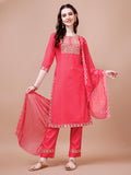 Embroidered & Quirky Printed Kurta With Pant & Dupatta, Multicolor - Hiral Fashion | Grocsy