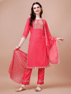 Embroidered & Quirky Printed Kurta With Pant & Dupatta, Multicolor - Hiral Fashion | Grocsy