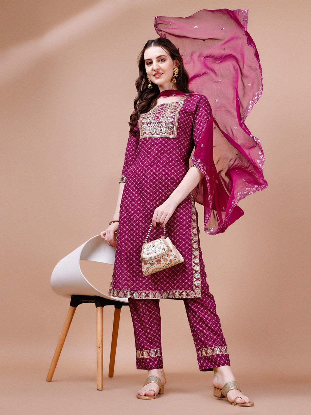 Embroidered & Quirky Printed Kurta With Pant & Dupatta, Multicolor - Hiral Fashion | Grocsy